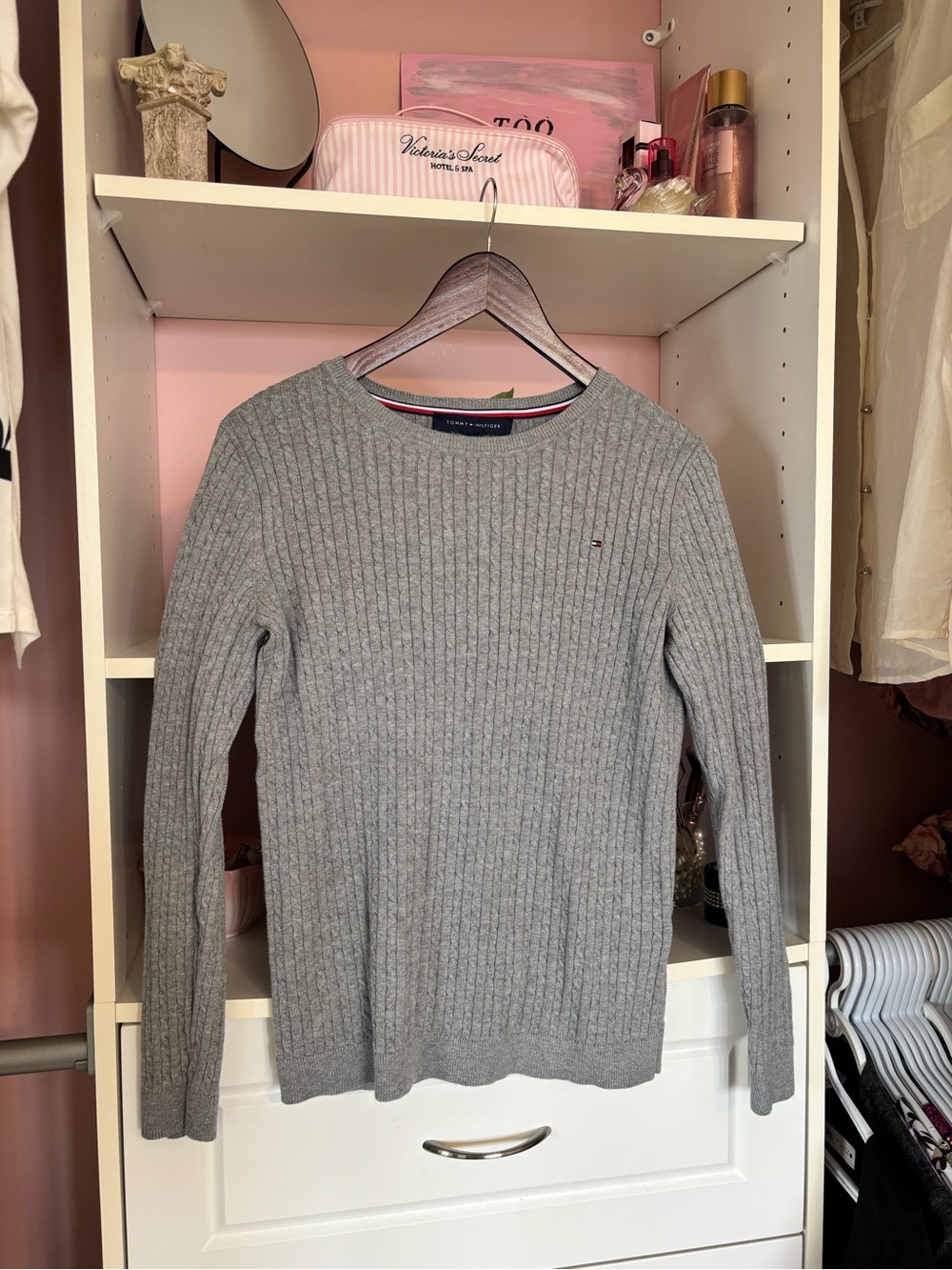 Tommy Hilfiger Light Grey Cable-Knit Crew Sweater